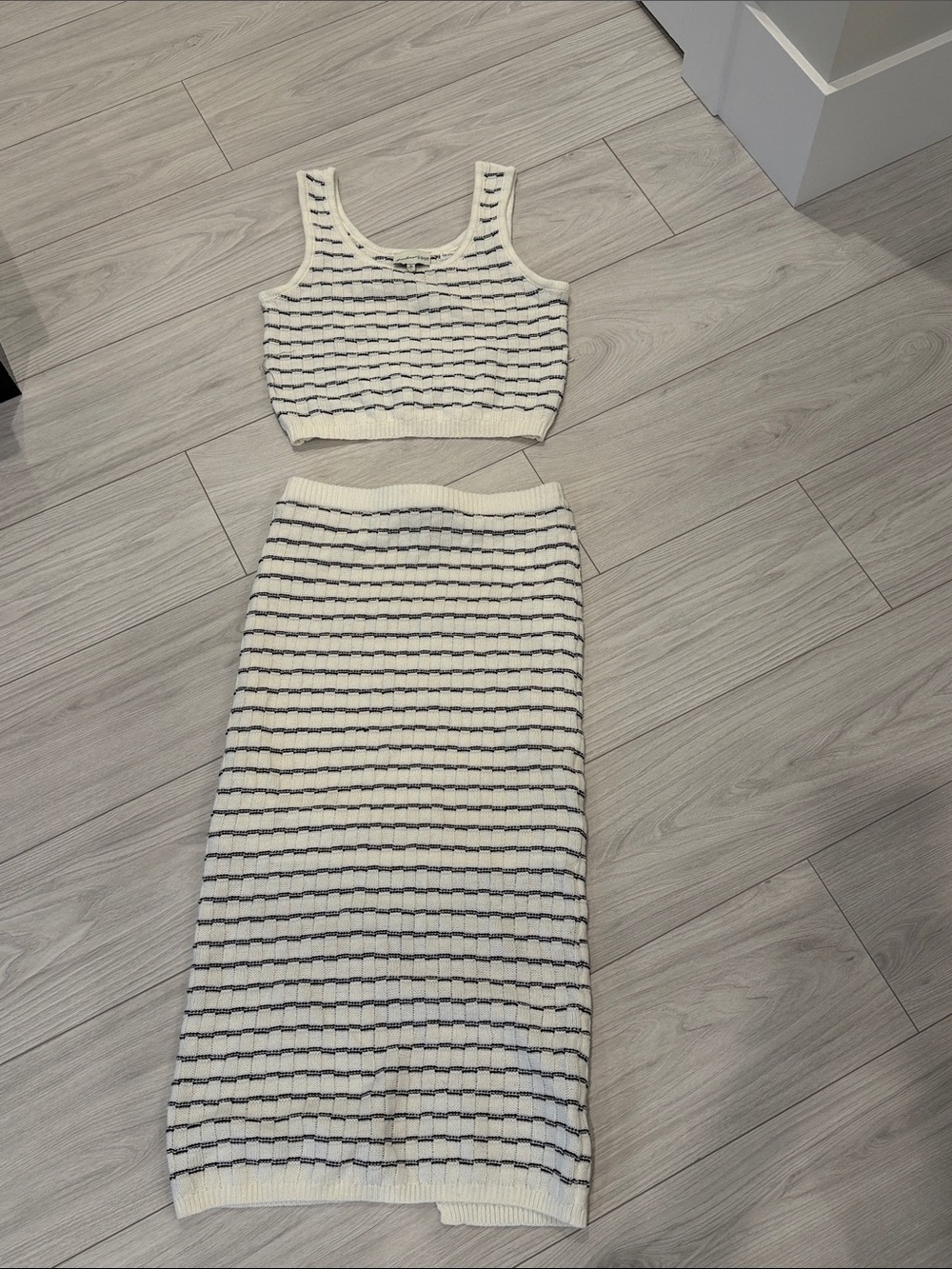 Freshman Cream and Black Striped Midi Knit Skirt